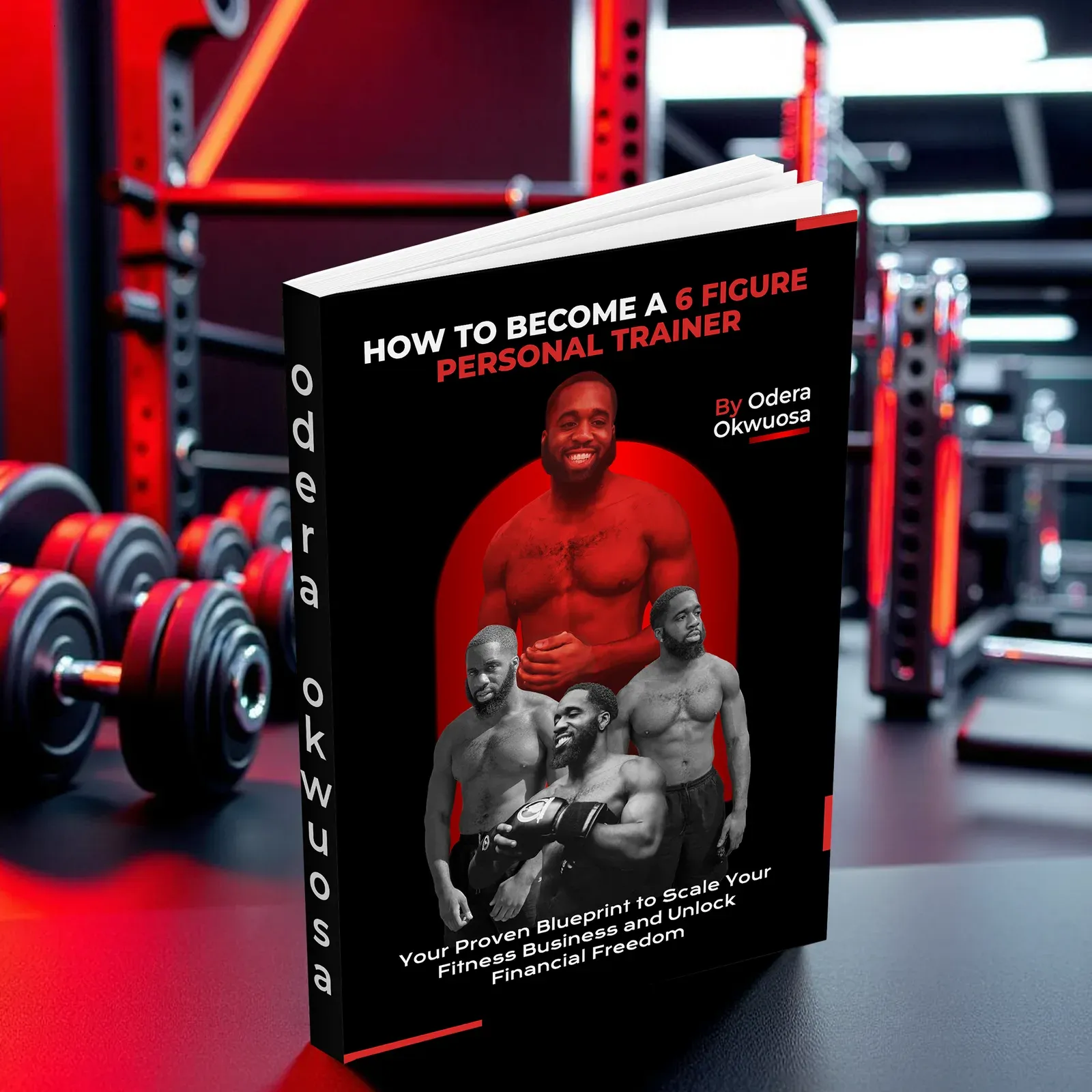 The paperback standing on a bench in a red-lit gym, its cover showing Odera Okwuosa with three other trainers